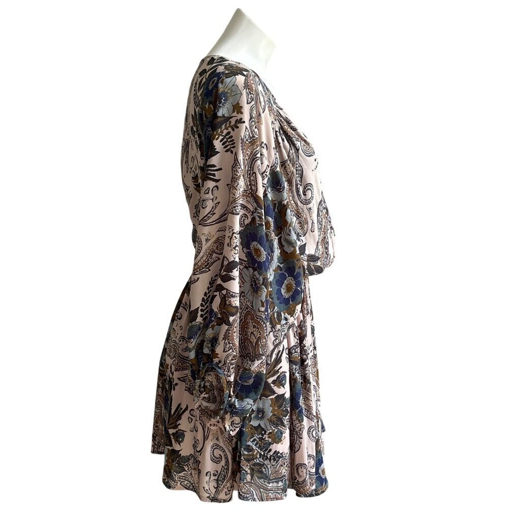 Free People High Plains Elastic Waist Dress Billowy Sleeve Pink Blue Women's S - Picture 5 of 11